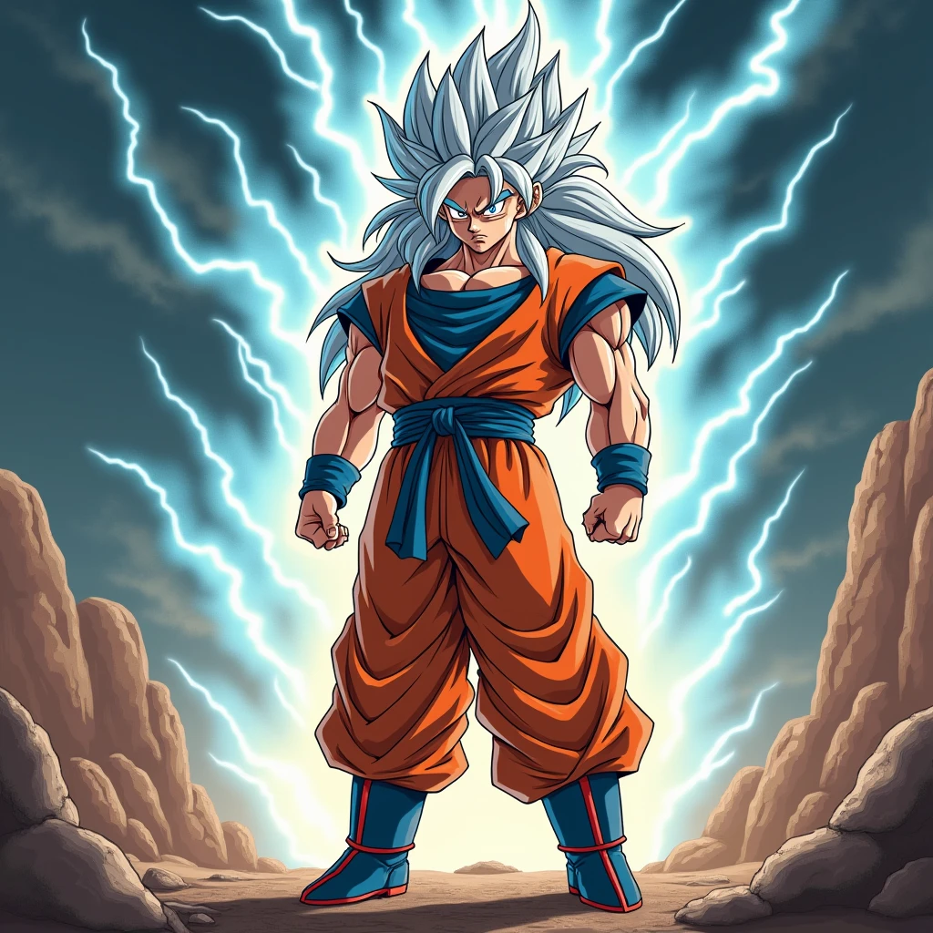 Goku as an Old Man、Transforming into Super Saiyan 3、Her hair is long and reaches her feet.、His eyes are full of anger.、In a state of getting pumped up before a fight、Lots of lightning in the background、The appearance of a cool adult、Her hair color is silver、Full body image including feet
