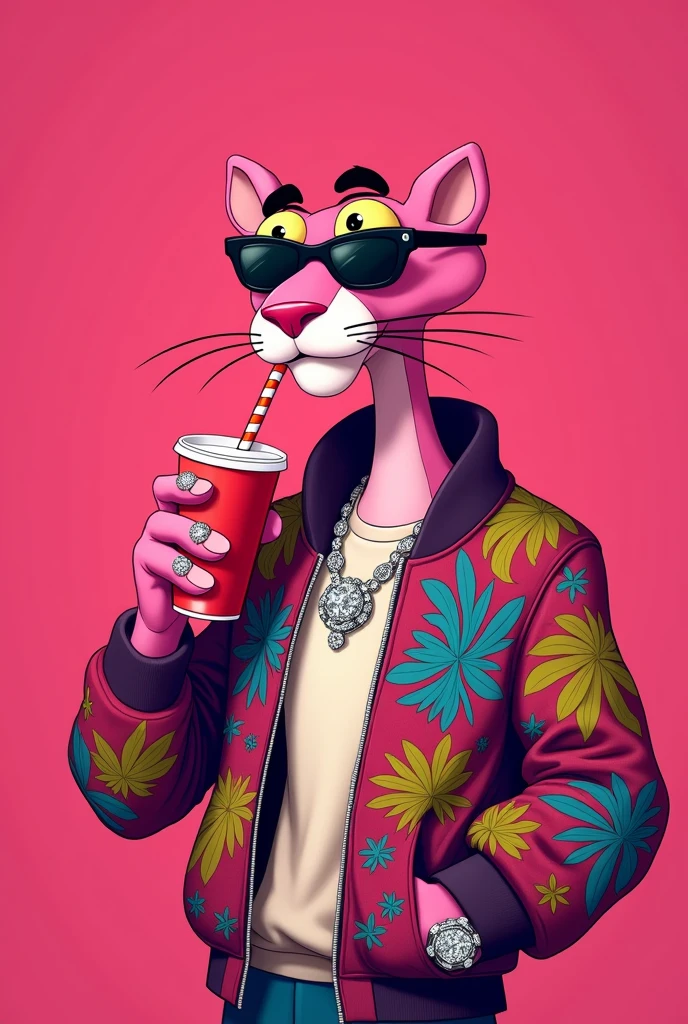 The pink Panther cartoon character Bomber jacket with some cool, VVS diamond necklace around its neck, a Patek wrist watch, Balenciaga Eyewear Mono Rectangle sunglassesand diamond ear rings pierced sipping on juice from a red cup with straw looking high like he’s been smoking weed.Art should be in 2D animation.standing side at looking into the camera.Just a pink background