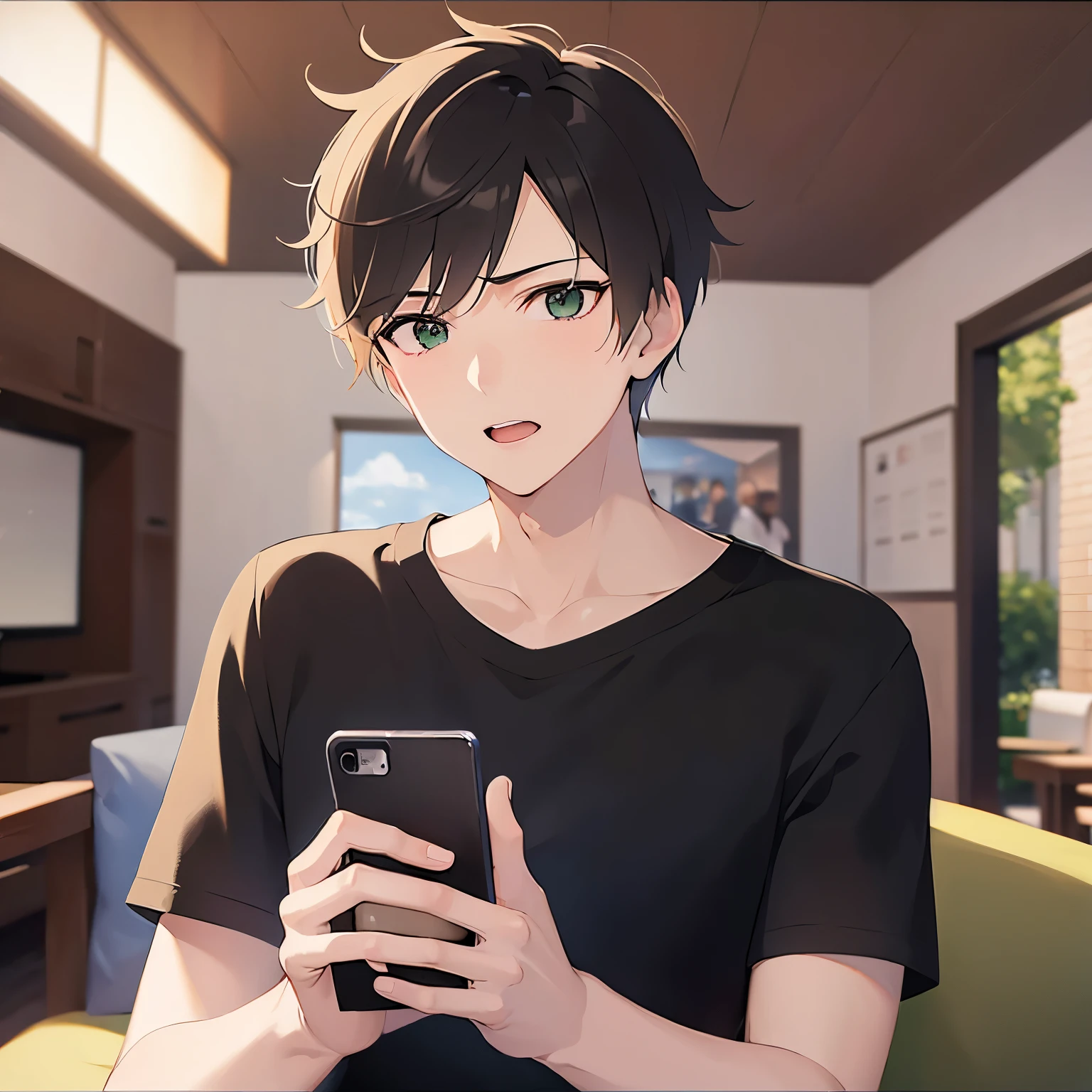 (25-year-old male:1.5) and (Brown short hair) and (Green Eyes), (looking away:1.5),upper body、Side shot、 Talking on the phone、(talking on the smartphone:1.5),(handling_smart_phone, smart_phone:1.2)、
shiny skin, (looking away:1.5)、masterpiece、Highest quality、
(Black Shirt:1.5)、
worried、open mouth,The background is the living room、(alone:1.5)