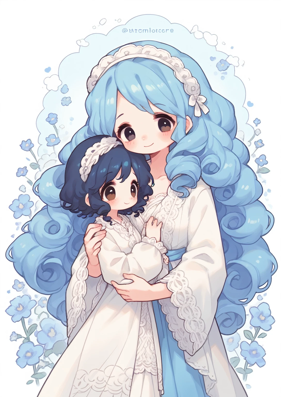 girl,White extra-long curly hair,Pure white lace robe,Small blue flowers,Jacaranda headdress,Smile,Reach out