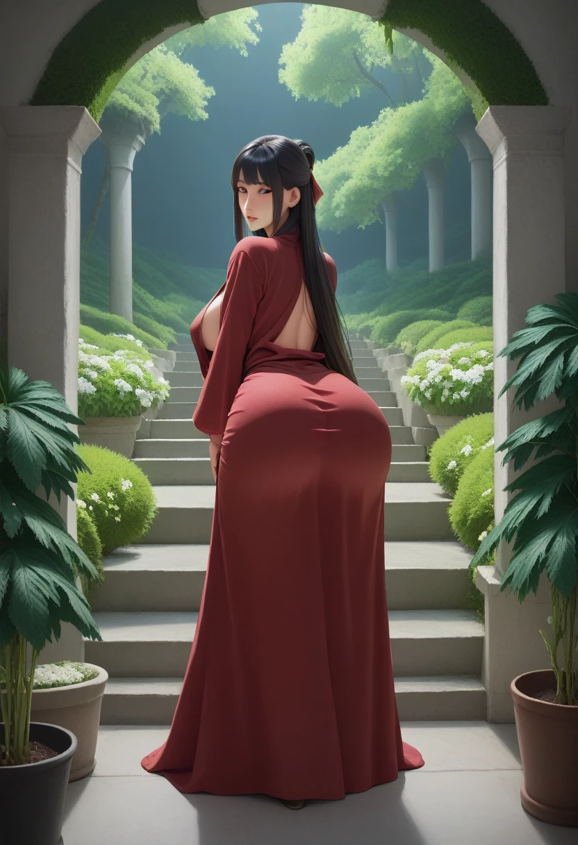 score_9, score_8_up, score_7_up, 1girl, fern black hair, long hair, blunt bangs, half updo, open robe, long dress, looking at viewer, looking back,solo, posing for picture, seductive, perfect lighting, perfect shadows, Blushing, ass, very sexy,high breasts, leaning forward, in garden, big bobs