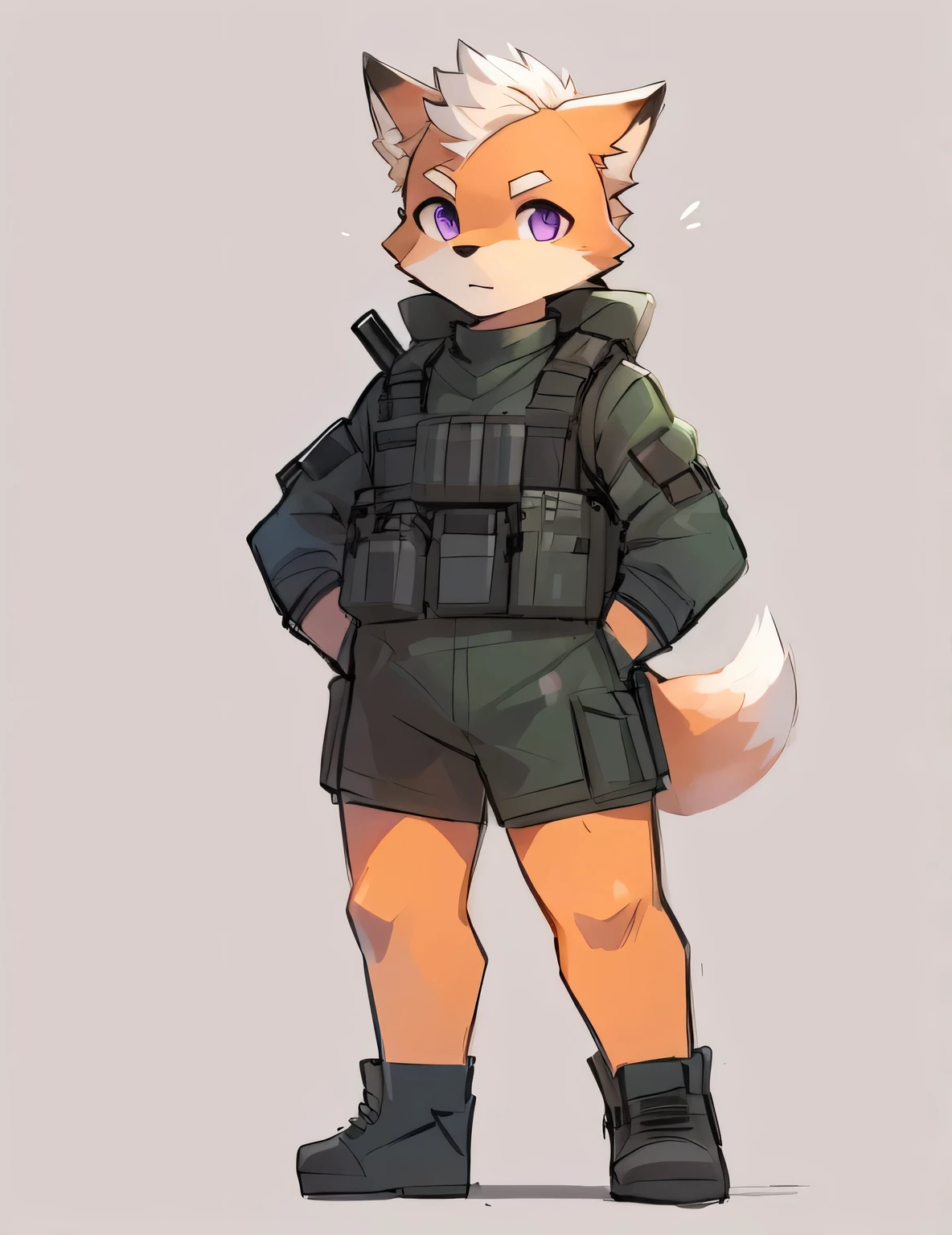 12-year-old anthropomorphic male fox，Orange fur，No hair，Purple Eyes，with a tuft of white hair on top of its head，Wearing black combat gear