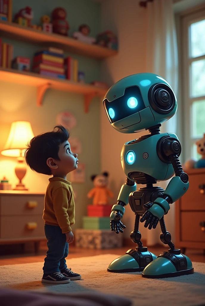  First Interaction with Robo:

Prompt: “Ravi cautiously interacts with his new robot, Robo, in his room. The robot is making friendly gestures, and Ravi is smiling, curious about its features. The room is filled with colorful toys and books.”