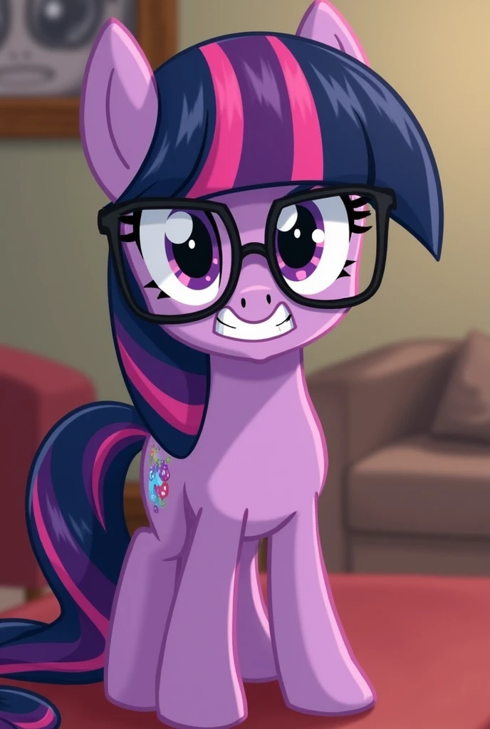 Twilight Sparkle, pony, female, naughty smug face, wearing black glasses, ponytail, naked, huge crotchboobs, animal pussy, wet animal pussy, a whole lot of pussy juice, in the living room, Twilight Sparkle my little pony, cuerpo completo, High Resolusion.