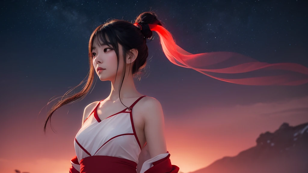A delicate and lovely ancient goddess with rous black ponytail hair. She wears a white and red miko wear. The background is a fantastic and ethereal night sky, as if possessed by a specter. Her expression is stern and atmospheric.