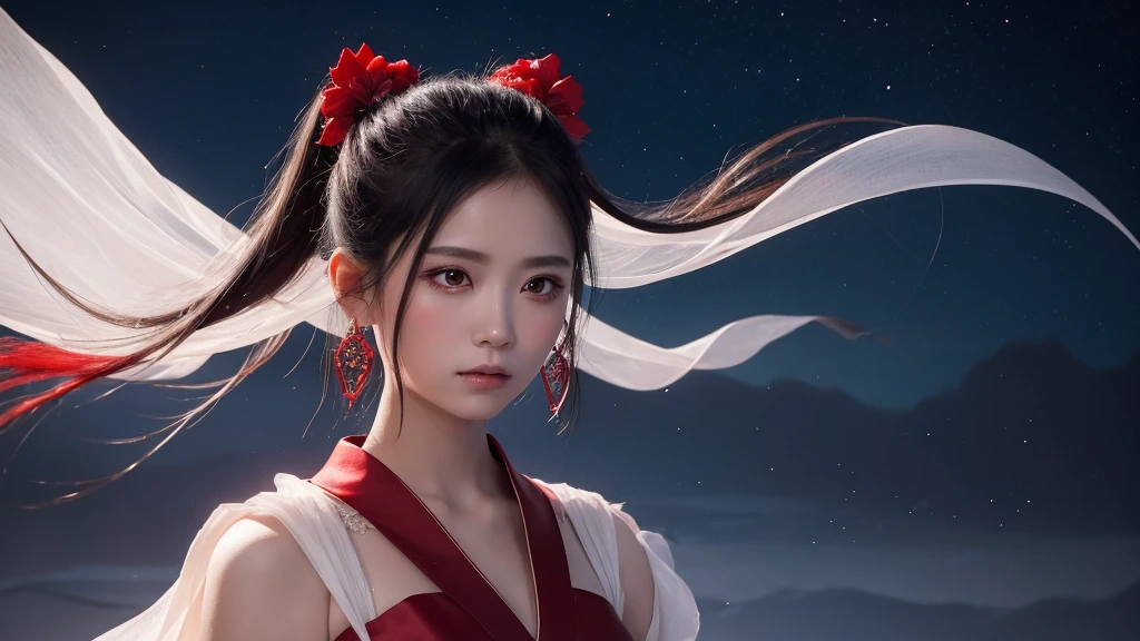 A delicate and lovely ancient goddess with rous black ponytail hair. She wears a white and red miko wear. The background is a fantastic and ethereal night sky, as if possessed by a specter. Her expression is stern and atmospheric.