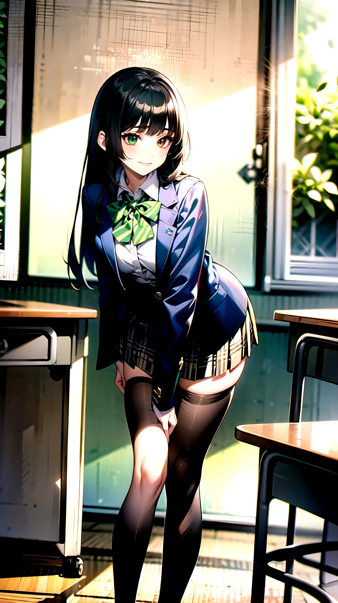 ((super high quality,Ultra-high resolution,4K,8k,super masterpiece,Ultra HD ,Detailed shading)),Morning Classroom,One high school girl,a green blazer with blue,White dress shirt unbuttoned to the second button,A yellow striped bow tie,Brown plaid mini skirt,Black tights,Long black straight hair,Side-swept bangs,Orange and green heterochromia,Sharp eyes with raised,A big smile,Lean forward with your body tilted diagonally to the side,