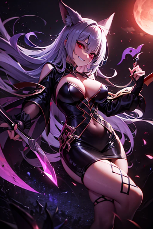 A monstrous eye, turned purple with a demonic grin, wielding a knife horizontally on a path through the darkness of night.