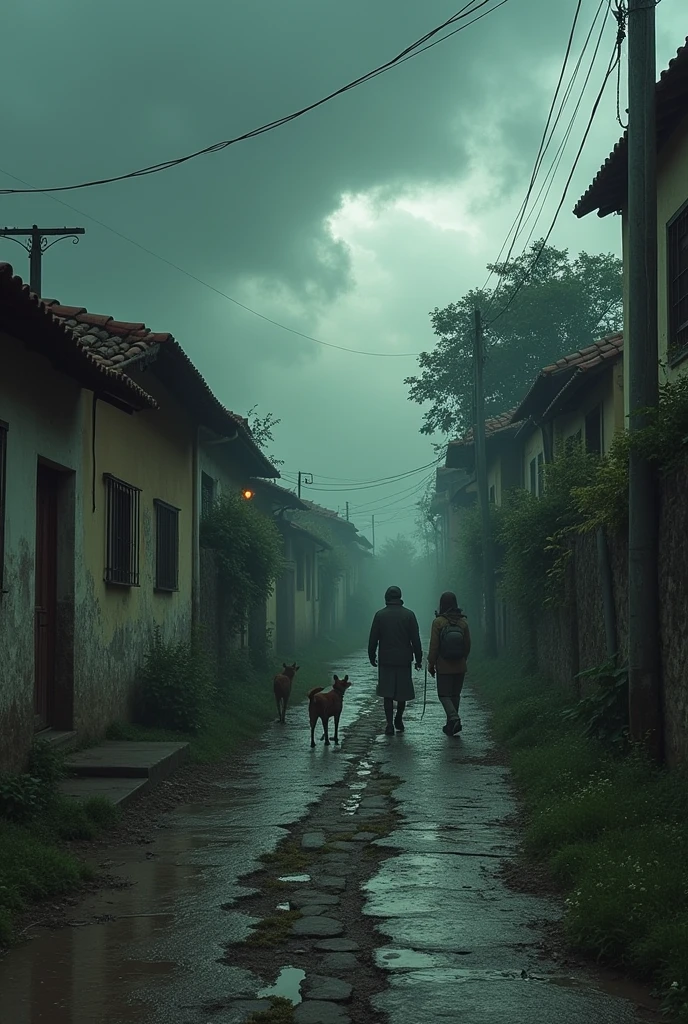 a small village transformed from a peaceful oasis into a scene of despair. The arrival of exhausted and terrified soldiers ,an imminent nuclear threat. The environment, Previously serene,, now charged with a heavy silence and palpable fear. Bruna and Rebeca,  watch the dogs