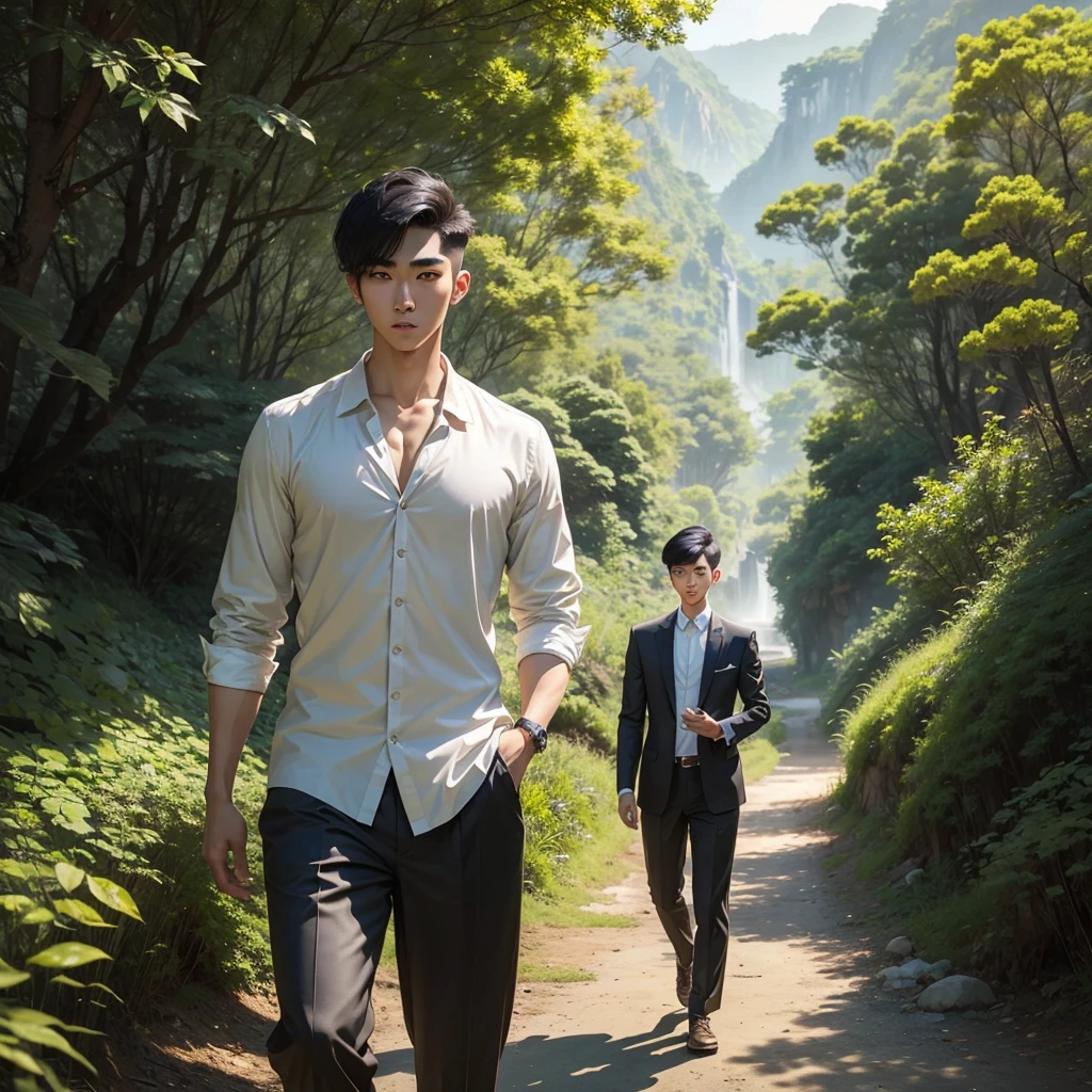 A tall boy with a Korean hairstyle, slanted eyes, thick eyebrows, a small mouth, and handsome features, is walking through beautiful nature.