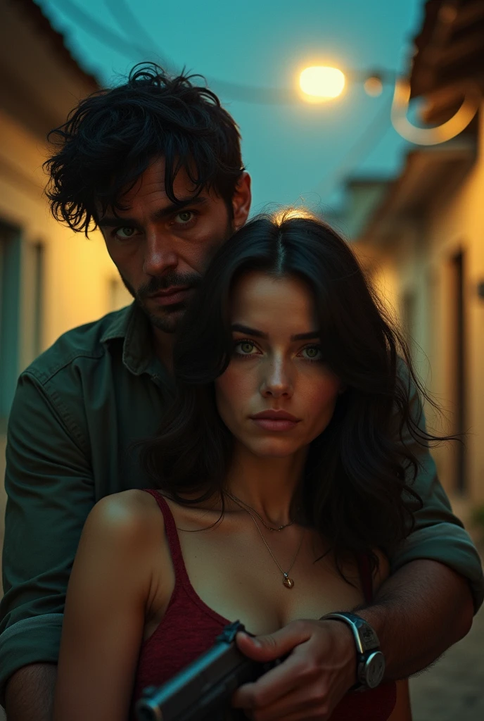fund : favela
A couple is in the front and the guy is behind. One of his hands is on her neck and the other hand is going to have a gun. The guy has black hair. She has medium-length hair. She has light green eyes. He has dark green eyes. Both of them have white skin tones.