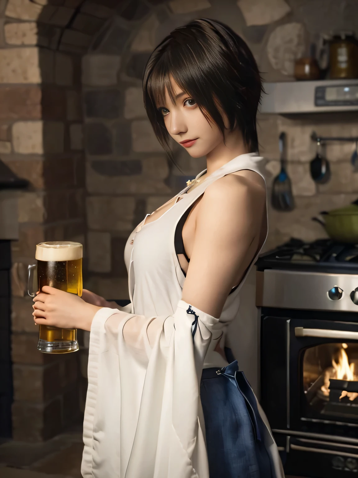 20 year old Japanese beauty，One person、Muscular body like a bodybuilder、Emphasize the breasts、Slit eyes、A head-to-toe view，Bust is very very large、The background is a medieval European kitchen、High quality photos、Clear, crisp images of the lower body、Masterpiece 8k、Ecstatic face、Drinking a beer mug by the stove.、From the front, from the side, from the back, etc.々from what camera angle to shoot、FF10 Yuna's outfit