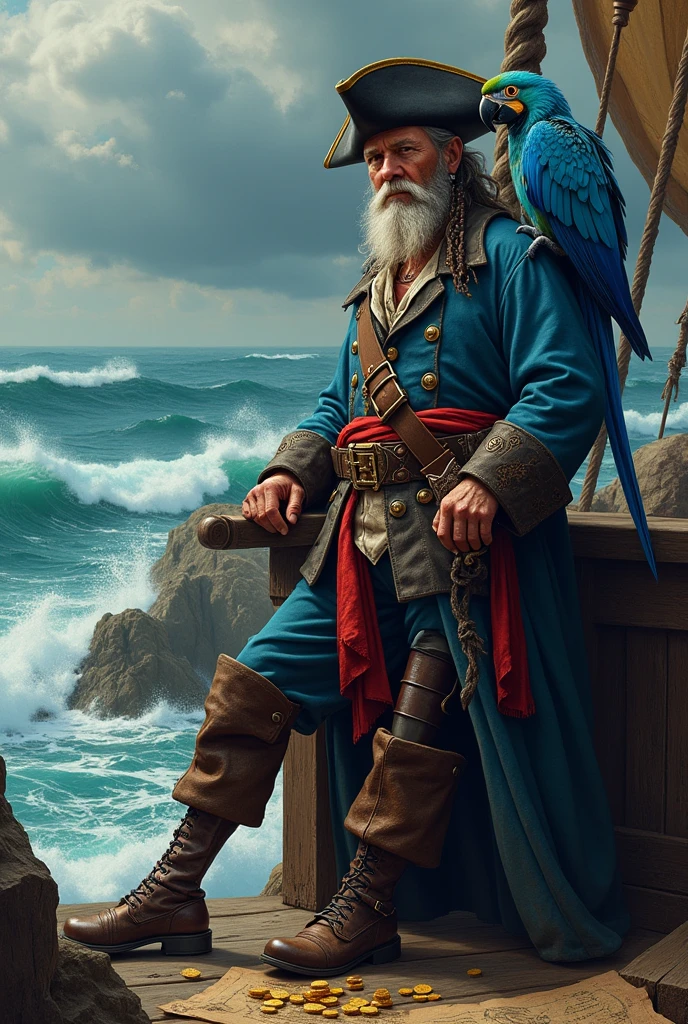 Create me a single cover of a pirate with a blue parrot on his shoulder and a peg leg taking Percocet 30 pills