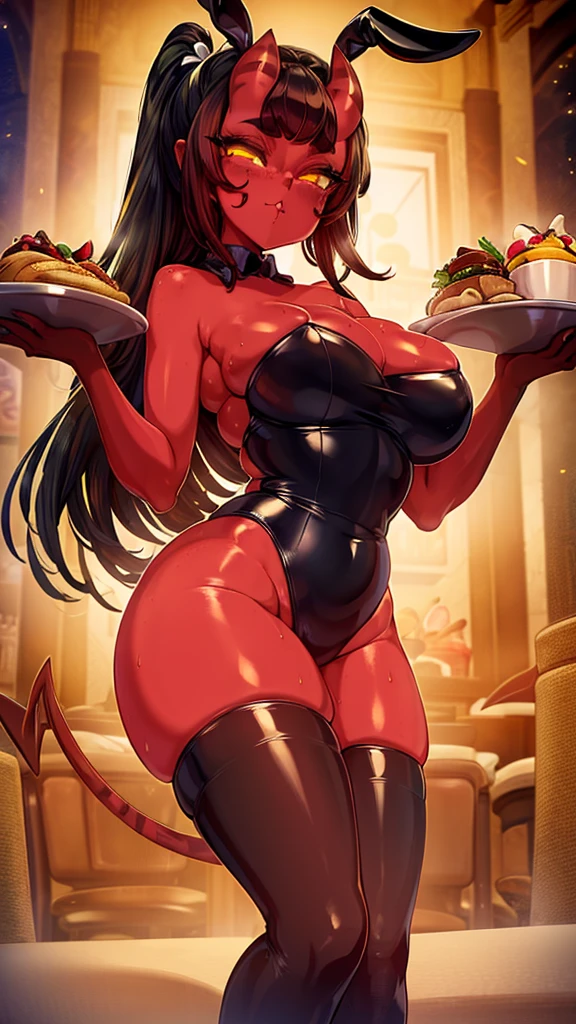 Beautiful picture), (Masterpiece), ((((Solo)))), ((big breasts)), (curvy), (sexually suggestive), (wearing latex bunny suit), perfect hands, sexy legs, (pouting), (bored), (holding a tray of food), (stockings), (demon horns), at a restaurant, (tight clothes),
