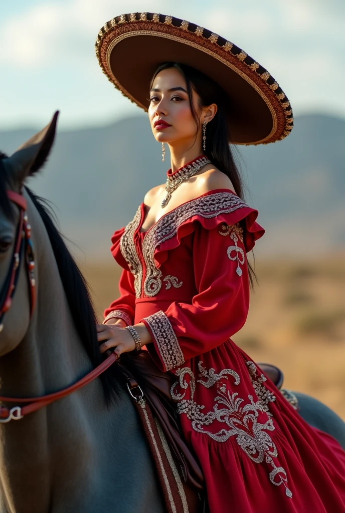 beautiful woman in a charreria Mexican escaramuza dress, posing on a horse for a major magazine, beautiful face and figure, an elegant and beautiful attire, a bluish-black horse
