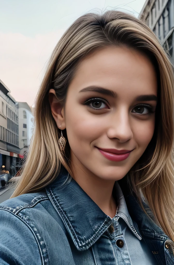 photo of (EPB3b4h4n-380:0.99), a woman, perfect blonde hair, posing, (selfie photo, Denim collared shirt half-tucked into a denim flared skirt, layered with a leather jacket and ankle boots.), (Street performance in background:1.2),(closeup portrait), necklace, stud earrings, 24mm, (Instagram Smartphone Filters), (cinematic, film grain:1.3), ((brilliant colour, gradient)), ((detailed eyes)), smiling, (epicPhoto)
