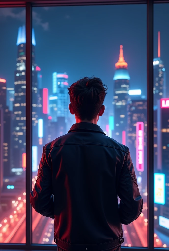 A young adult boy, businessman looks, businessman, handsome, with glasses, back side view, back, full body, 5 feet 7 inches height, medium height big window, night, dark, digitalis city , handsome boy, realistic, real looks, realistic view, stylish boy, stylish bike jacket, real life, digital city, big room, GTA 5, stylish car jacket, full body show,