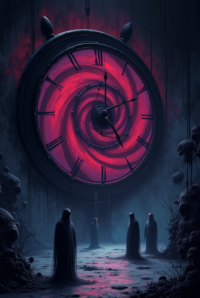 Hypnotic Clock: Draw a clock with a dial that has spirals or hypnotic patterns. The hands can be in motion, giving the impression that the clock is spinning.Colors and Atmosphere: Use dark and contrasting colors, como negro, purple and red. Add a strange glow or lights around the clock to highlight the feeling of something supernatural.enviroment: Place the clock in a dark and eerie environment, like a dark room or a foggy forest. Add details like menacing shadows or distorted faces in the background.horror details: Include elements that suggest a sinister presence or the impact of hypnotism, like figures in a trance or empty eyes.Texture and Style: Use textures and lines that evoke the graphic style of books "Goosebumps", with a touch of retro and a bit of exaggeration to enhance the terrifying effect.