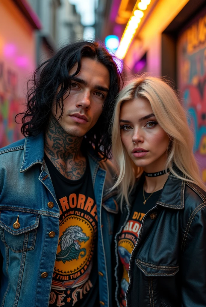 Create a realistic image of a tattooed rocker with long black hair, around 19 years old, very young and very masculine, next to a blonde woman with a septum piercing and brown eyes.