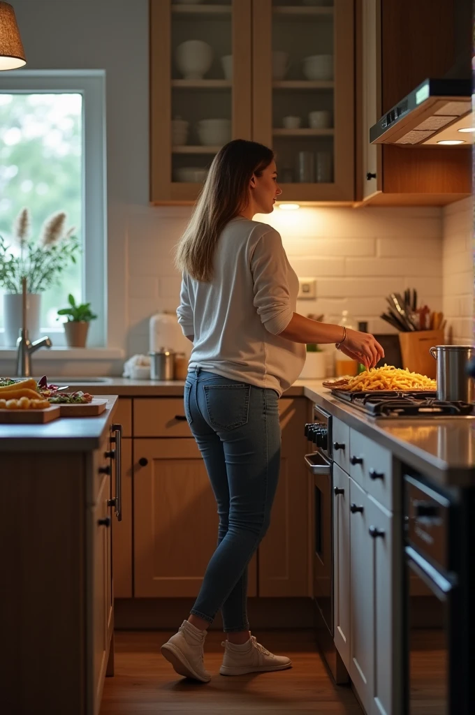 Pregnant woman walks at the kitchen making fries