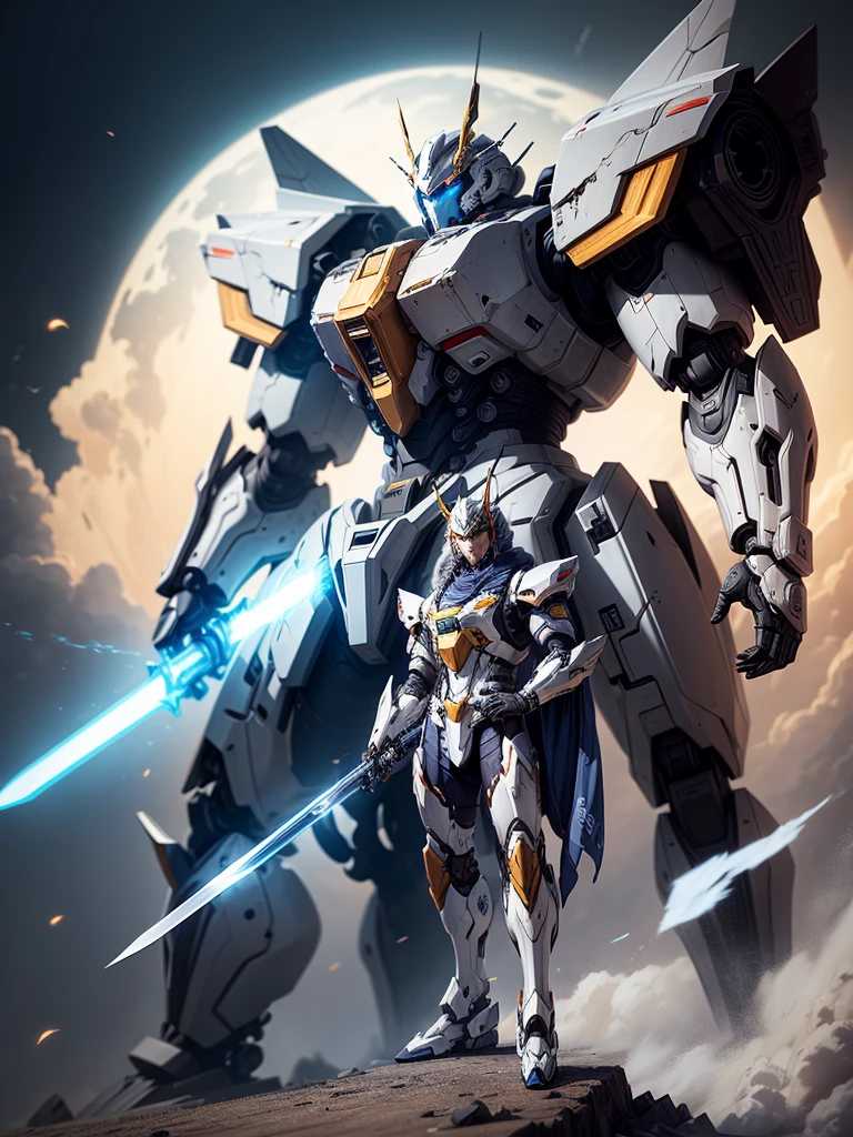 A drawing of a man holding a gun and a sword, Tianyuan Luoyan, modern Anime mecha, Anime mecha, Cool mech style, Fela white mecha, Anime large mecha, Gear machinery, Concept art of Omegamon, Mecha style greek god, Mecha Art, Mecha armor, japanese mecha((best quality)), ((intricate details)), ((Surrealism))(8k)