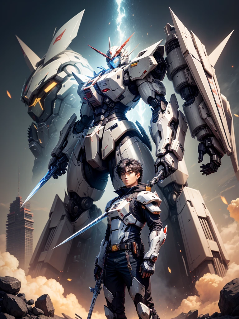 A drawing of a man holding a gun and a sword, Tianyuan Luoyan, modern Anime mecha, Anime mecha, Cool mech style, Fela white mecha, Anime large mecha, Gear machinery, Concept art of Omegamon, Mecha style greek god, Mecha Art, Mecha armor, japanese mecha（（best quality））， （（intricate details））， （（Surrealism））（8k）