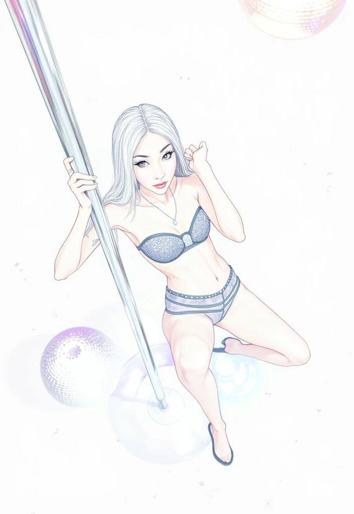 the girl sitting near the stripper pole, knee pose, top view