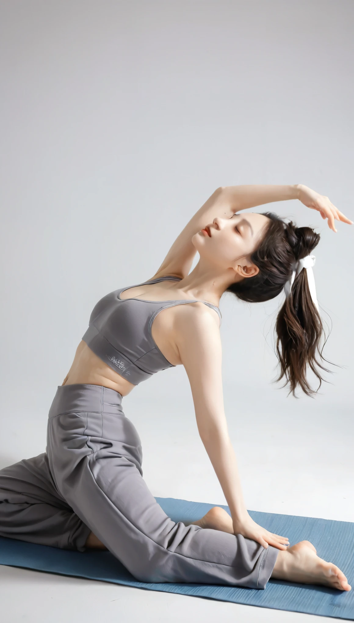 (最high quality, 8k, Tabletop, Ultra HD), (Realistic), (Ultra-realistic), (Sharp focus), ((Highest Resolution)), Woman doing yoga poses ((Urdhva Dhanurasana)), Distorted, arched back, The woman is bent, dynamic movement pose, Crouched posture, On a sandy beach mat, whole body, (whole body in a dynamic position), whole bodyを集中させる, (Stretching exercises, Softness, yoga position), ((Dynamic Camera)), ((Shots from different angles)), masterpiece, 最high quality, high quality, ((Dynamic poses and movements, whole bodyショット)), ((Natural lighting for face and body)), ((Perfect female body)), ((Hard, usually, Ample breasts: 1.22)), ((Grey yoga sweatpants and stylish, Tight Yoga Wear)), Beautiful feet, (Barefoot), Exercises by experts, Impeccable posture (Anatomically correct), (Perfect Proportions),