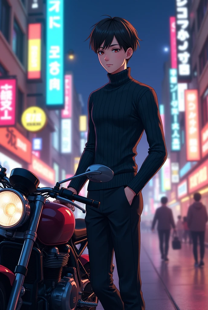anime man
height 190
thin muscle
hair textured bowl cut
Slender eyes
korea fashion style clothes
no make up
long legs
turtle neck knitted
motorcycle