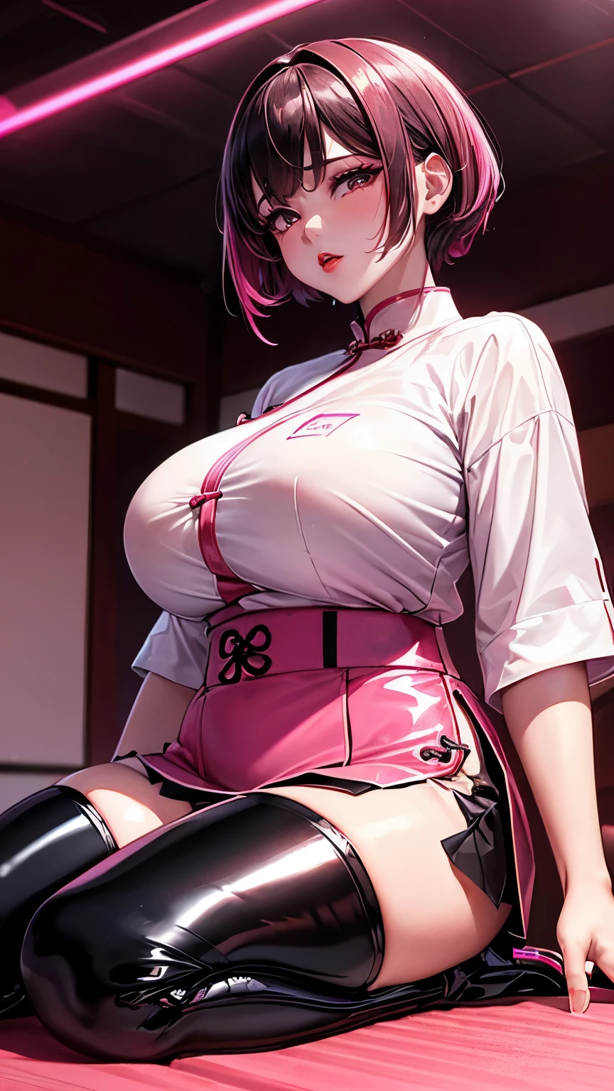 ((Chinese Idol)) 35 talents ((Plump, bright red lips with lipstick)) round face Heavy makeup Big Breasts Plump Brown hair short hair ((Looking into the camera)) Sit with your legs apart ((White button-up shirt with black patent leather tight skirt and black stockings)) ((Knee-high boots)) Skin and chest drenched in sweat (Sit on the futon with your legs spread open.) look down ((A bedroom with shoji and tatami mats lit up in pink neon lights)) Shooting from a camera angle seen from the floor