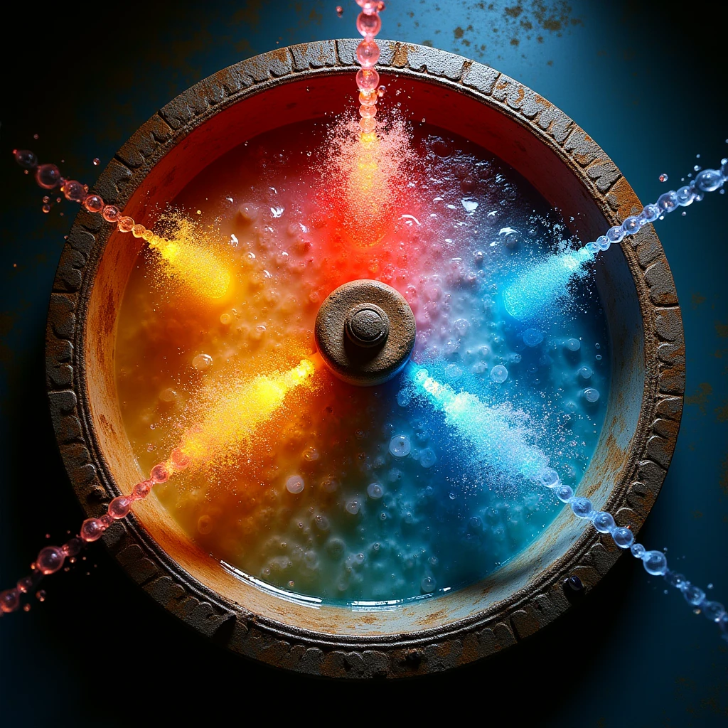 top down photo of a kinetic art installation where 3 equidistant spouts on an ornate circle spray liquids of complementary colors. the liquids are sprayed just slightly off the circle's center which causes the circle to spin and the liquids to mix which creates a mesmerizing mix of colors and a display of ever evolving intricate fluid patterns. the lighting from below accentuates the rich liquid colors, diffracts and scatters on the liquid casting caustics patterns on the surrounding surfaces and erects beams of light. rim light, back light.