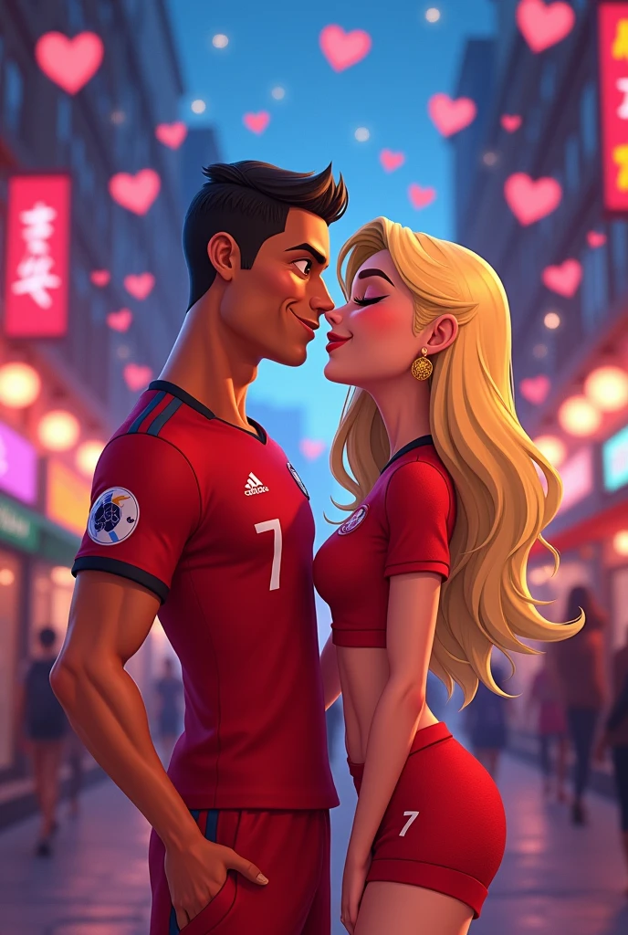 Cristiano Ronaldo going out on a date with Total Drama Baddie named Samey she has blonde hair has a red shirt covering only her top half and red shorts cartoon (pls do animated) They Kiss 