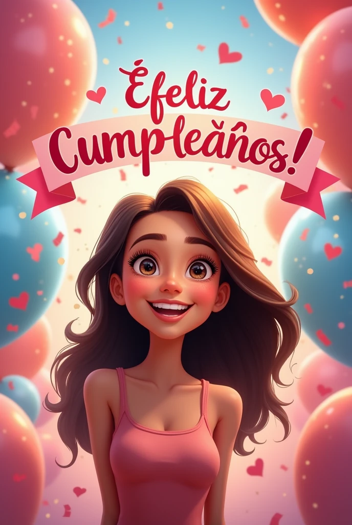 a happy animated woman. a brunette animated woman. BUT IN THE BACKGROUND PART SAY NICE DETAILS.. LIKE I LOVE YOU MOM OR HAPPY BIRTHDAY BALLOONS HEARTS.. Happy birthday. in Spanish and well-written. and in a birthday atmosphere that says.. I love you Mom Jenny