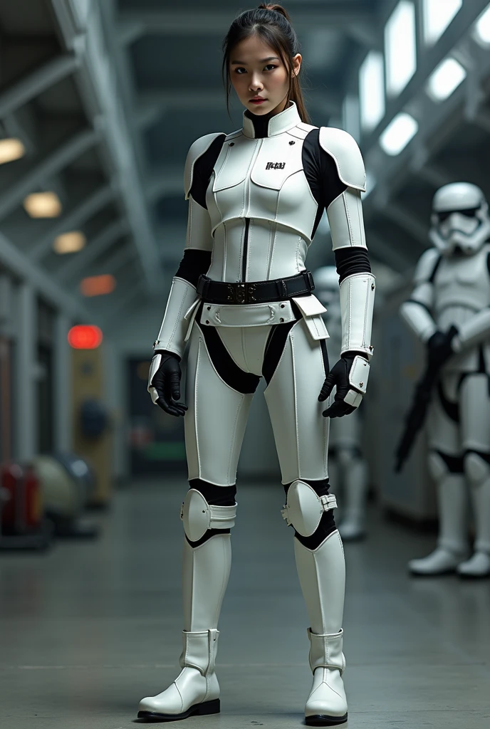 A beautiful Japanese girl wearing a gray suit, Wearing a tight suit, A beautiful Japanese woman wearing a futuristic gray suit, 滑らかなgreyタイトな服のスーツ, greyレオタードを着て, White stitching、Star Wars Imperial Agent, Female Stormtrooper, Full Body Shot, full body, The tight-fitting suit, grey、Black pattern、(The waist design is black leather)、Black Belt、Black full harness:1.5、Long legs、White boots、The suit has large white detailed zippers.、Get angry、