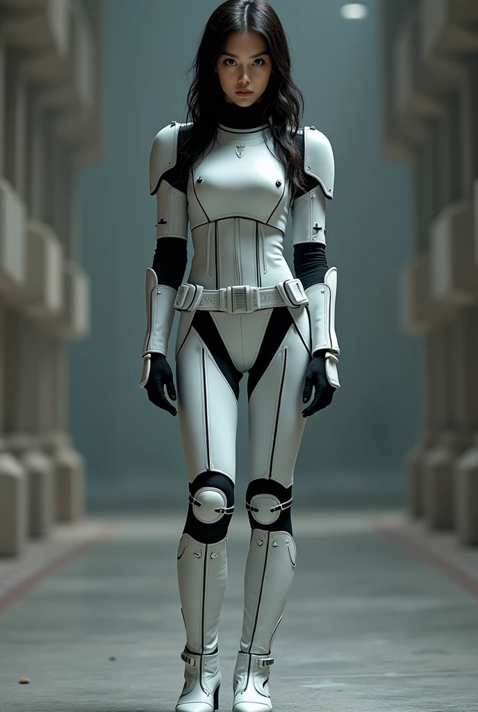 A beautiful Japanese girl wearing a gray suit, Wearing a tight suit, A beautiful Japanese woman wearing a futuristic gray suit, 滑らかなgreyタイトな服のスーツ, greyレオタードを着て, White stitching、Star Wars Imperial Agent, Female Stormtrooper, Full Body Shot, full body, The tight-fitting suit, grey、Black pattern、(The waist design is black leather)、Black Belt、Black full harness:1.5、Long legs、White boots、The suit has large white detailed zippers.、Get angry、