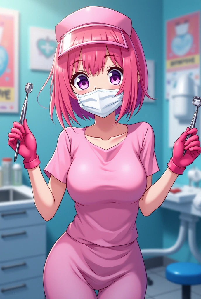 Nsfw. Anime dentist nurse horny girl, with pink gown, pink latex gloves, pink mask, face shild, instruments