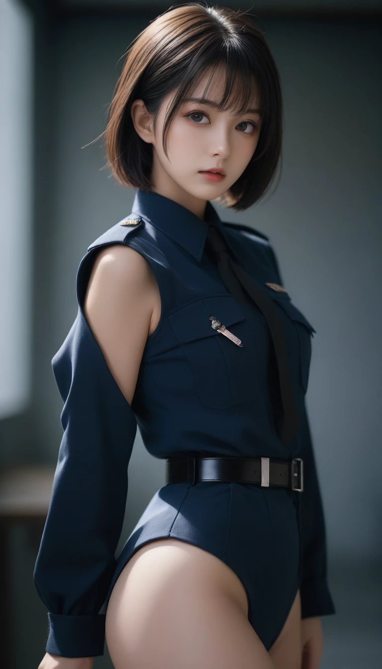 8k, Ultra-high resolution, Highest quality, masterpiece, Rule of thirds photograph,surreal, photograph, 1 Girl, (:1.3), pretty girl, Cute Face, Beautiful eyes in every detail, Detailed,masterpiece,One Girl:1.2,Japan Female Teachers,full body,furious,Black short hair,Bob with bangs, (combat uniform:1.3),Pencil Skirt,Muddy Face,Sharp contours,Looking down, (Dirty Face:1.3),battlefield, Light from above, Low contrast, (Side view),, Perfect and beautiful face ,Perfect and cute face, Skin with attention to detail, Perfect limbs、Narrow waist,Looking at the audience,(((Ideal body type))),A cup small breasts :2,Portraiture:2,Perfect Anatomy,Vividly detailed,detailed,surreal,Light and shadow,darkness