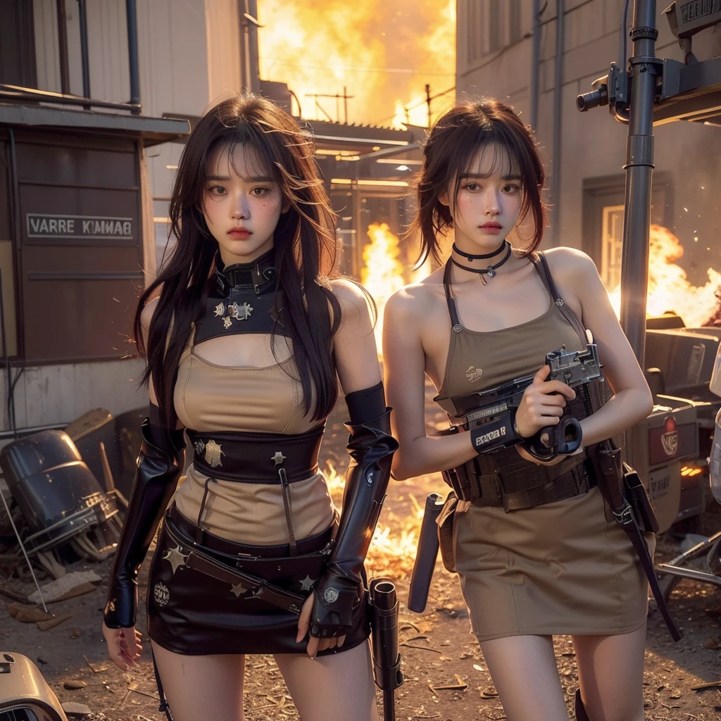 STAR15Mod, beautiful woman, (masterpiece), (best quality), (ultra-detailed), (best illustration),(best shadow), looking at viewer, cowboy shot, fiery destroyed city background, sexy dress, tactical gear, tactical pouches, (gas mask:0.8), tactical armor, assault rifle, holstered handgun with purple light, (frown:1.3), 