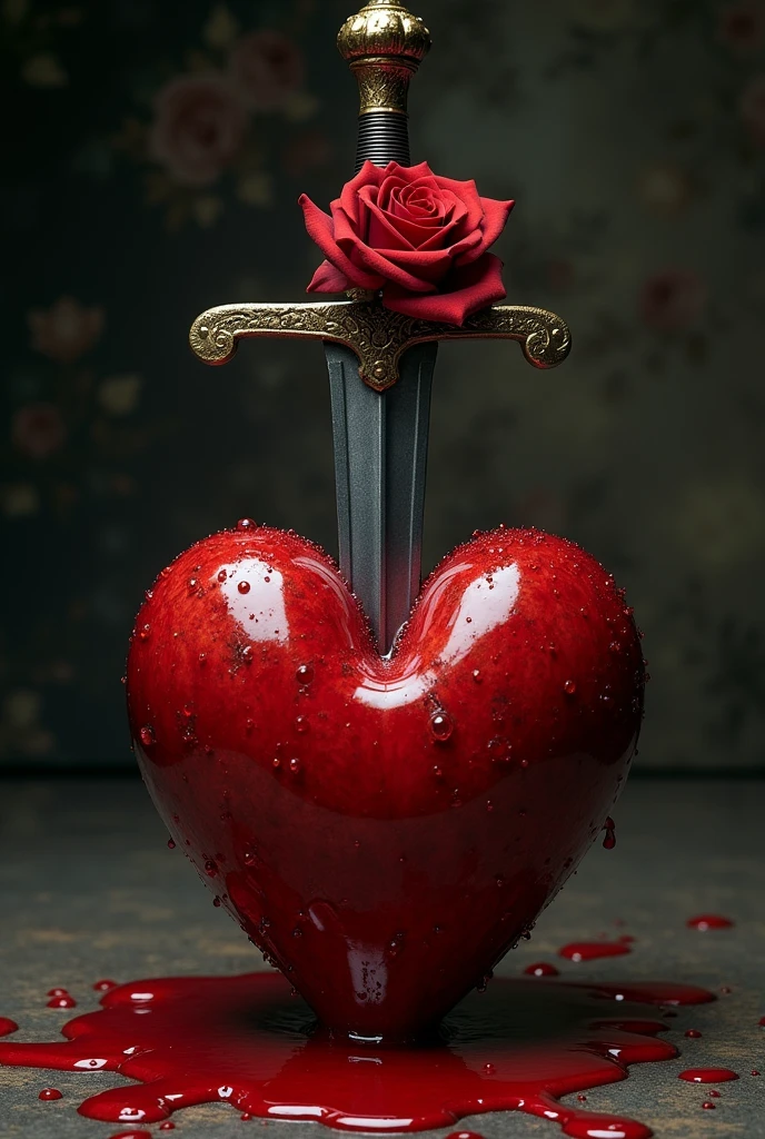 A medieval sword piercing a bleeding heart, with a red rose emerging..