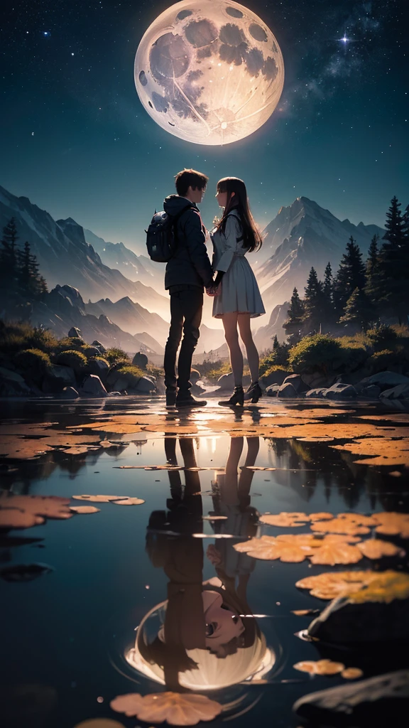 Masterpiece artwork, best qualityer, ultra detali, illustration, Couple in love holding hands under the moonlight, Full moon in dark sky, 独奏, plein-air, Campsite, natta, mountainscape, naturey, stele, moonligh, camp fire, forst, stones, Riu, Wood, smoke billowing, eyeshadows, sharp contrast, sky clear, constellations, milky ways, peaceful, serene, quiet, tranquil, remote, isolated, perseverance, resistance, resistance, observation, intuition, adaptability, creativity, imagination, artistry, inspiration, Beauthfull, admiration, wonder wonder wonder wonder wonder wonder wonder wonder wonder wonder wonder wonder wonder wonder wonder wonder wonder wonder wonder wonder wonder wonder wonder wonder wonder wonder wonder wonder wonder wonder wonder wonder, gratitude, appreciation, relaxation, pleasure, rejuvenating, mindfulness , consciousness, connectedness, harmony, balance, texture, detail, 真实感, DeepL, perspective, compositing, Farbe, Lumiere, ombre, reflection, refraction, tom, sharp contrast, foreground, middle ground, fund, naturalist, Figurative, representational, impressionistic, expressionist, abstrato, groundbreaking, experimental, only one, grande moonligh cheia