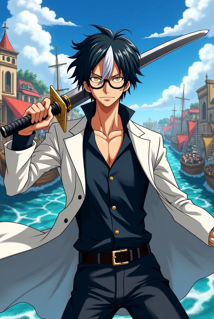 Create a male swordsman character with yellow eyes and black hair with a white streak in the style of the anime One Piece. The character should wear black glasses and a white overcoat with a long-sleeved black shirt and black pants.