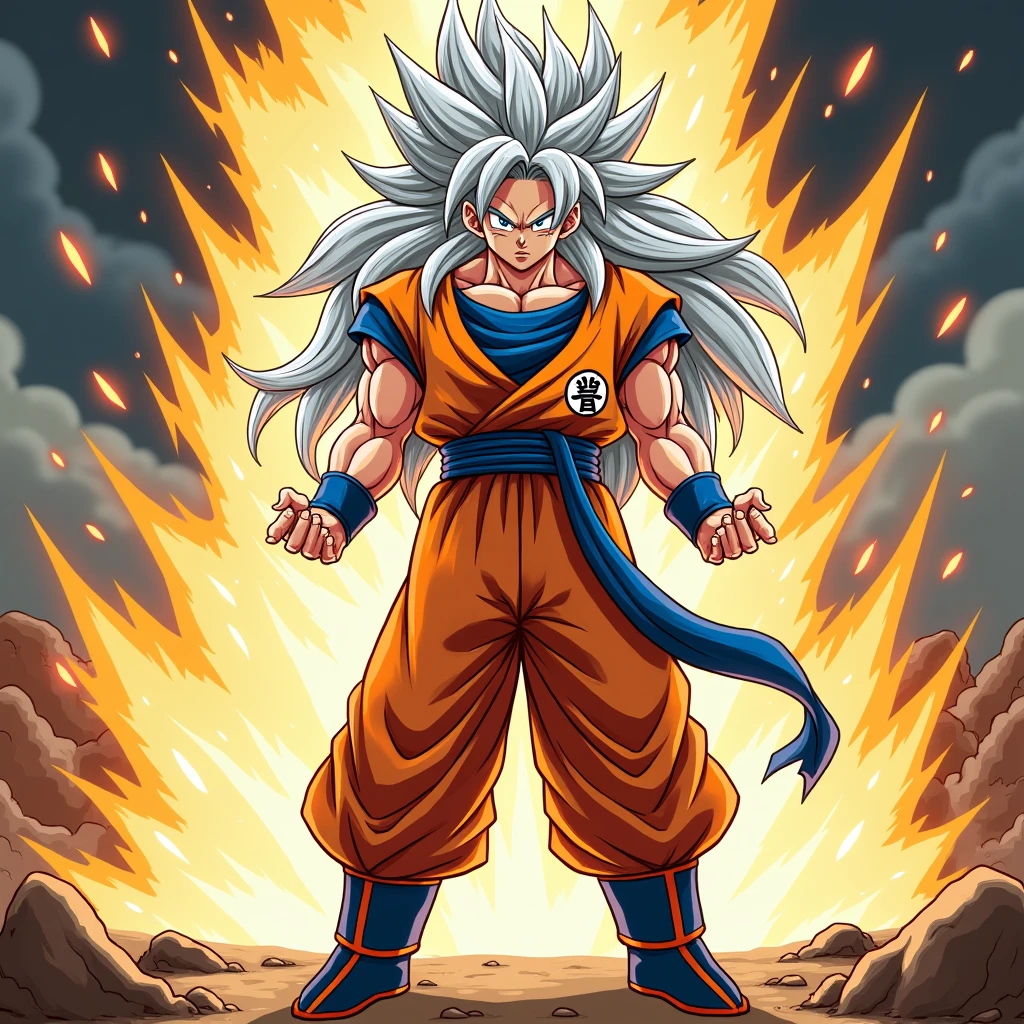 Goku as an Old Man、Transforming into Super Saiyan 3、Her hair is long and reaches her feet.、His eyes are full of anger.、In a state of getting pumped up before a fight、Lots of lightning in the background、The appearance of a cool adult、Her hair color is silver、Full body image including feet、The stance when firing the Kamehameha wave