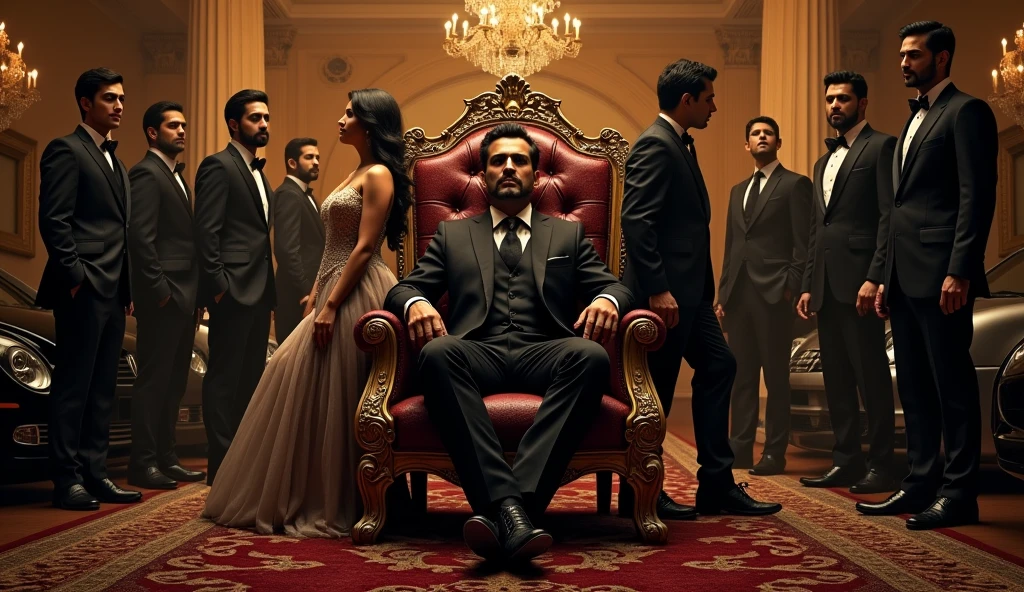 
Here's a prompt for creating the story poster:

Poster Prompt:

Design a dramatic poster with a dark, luxurious background.

Center: A powerful Mafia Boss, Abhay Raizada, sits confidently in the center, exuding an air of authority and mystery.
Behind him: Two romantic couples stand together, subtly hinting at a deeper, intertwined story. Their expressions should reflect love and connection.
Around them: Several loyal men, dressed in dark suits, stand vigilantly, forming a protective circle. They are discrete and subtle, showing their role as Abhay's unseen guardians.
Background: A grand, luxurious bungalow with opulent decor and high-end cars parked around it, emphasizing wealth and grandeur.
Ensure the overall mood is dark and intense, highlighting both the romance and the suspense in the storyline.

