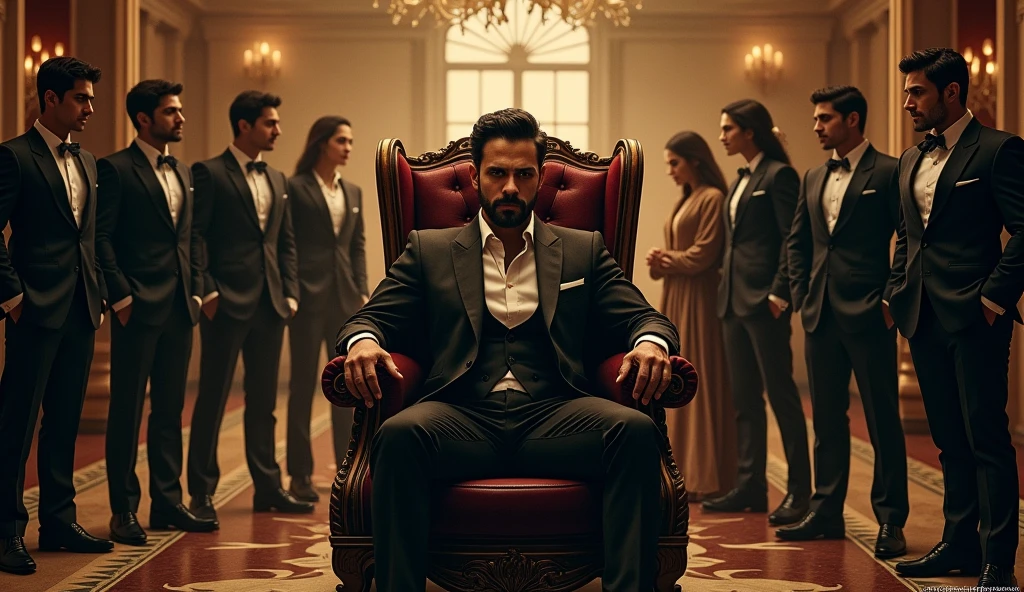 Here's a prompt for creating the story poster:
Poster Prompt:
Design a dramatic poster with a dark, luxurious background.
Center: A powerful Mafia Boss, Abhay Raizada, sits confidently in the center, exuding an air of authority and mystery.
Behind him: Two romantic couples stand together, subtly hinting at a deeper, intertwined story. Their expressions should reflect love and connection.
Around them: Several loyal men, dressed in dark suits, stand vigilantly, forming a protective circle. They are discrete and subtle, showing their role as Abhay's unseen guardians.
Background: A grand, luxurious bungalow with opulent decor and high-end cars parked around it, emphasizing wealth and grandeur.
Ensure the overall mood is dark and intense, highlighting both the romance and the suspense in the storyline.