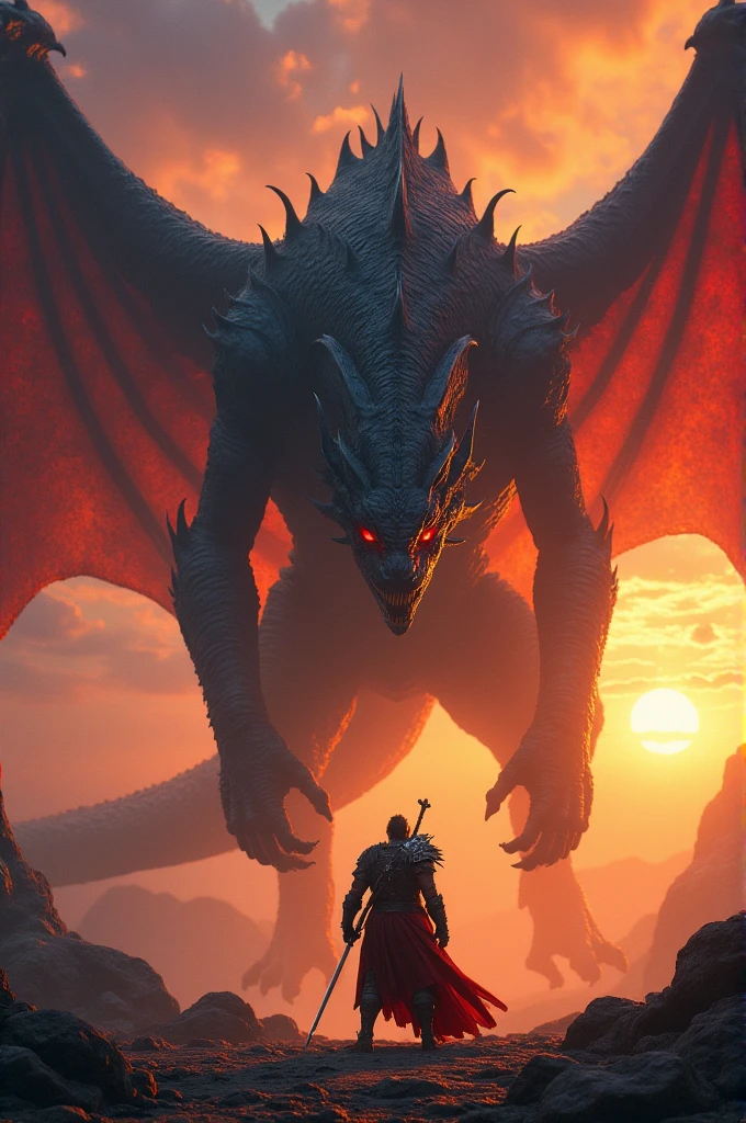 Huge and tall monster with wings in the sunset tied up and facing a human solider