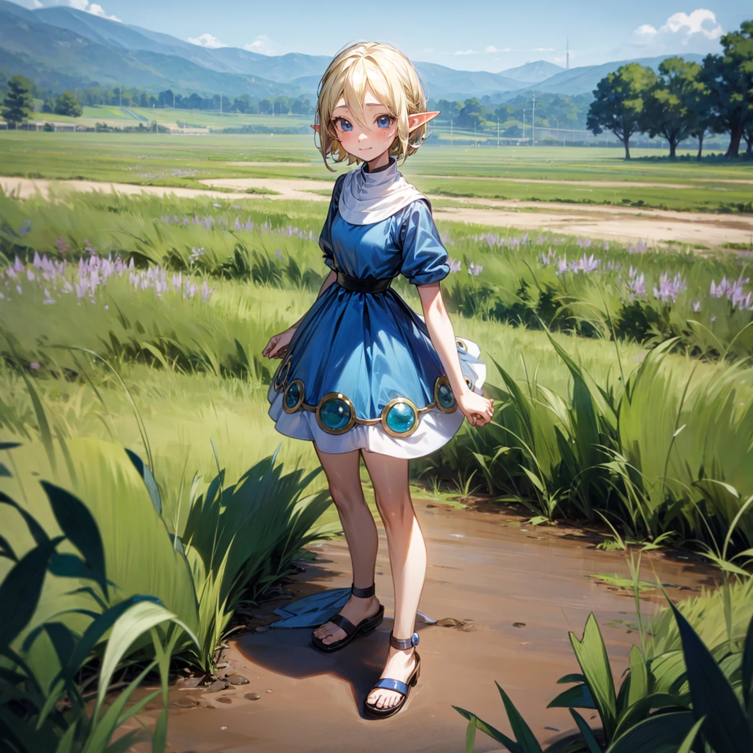 Solo character, full body version, kid girl, (elf), blue eyes, blonde color hair, short haircut, blue dress, short dress, sandals, outdoor, field, medieval, standing gesture, detailed background, detailed clothing, detailed hair, (Doraemon style art), sad eyes, smile mouth 