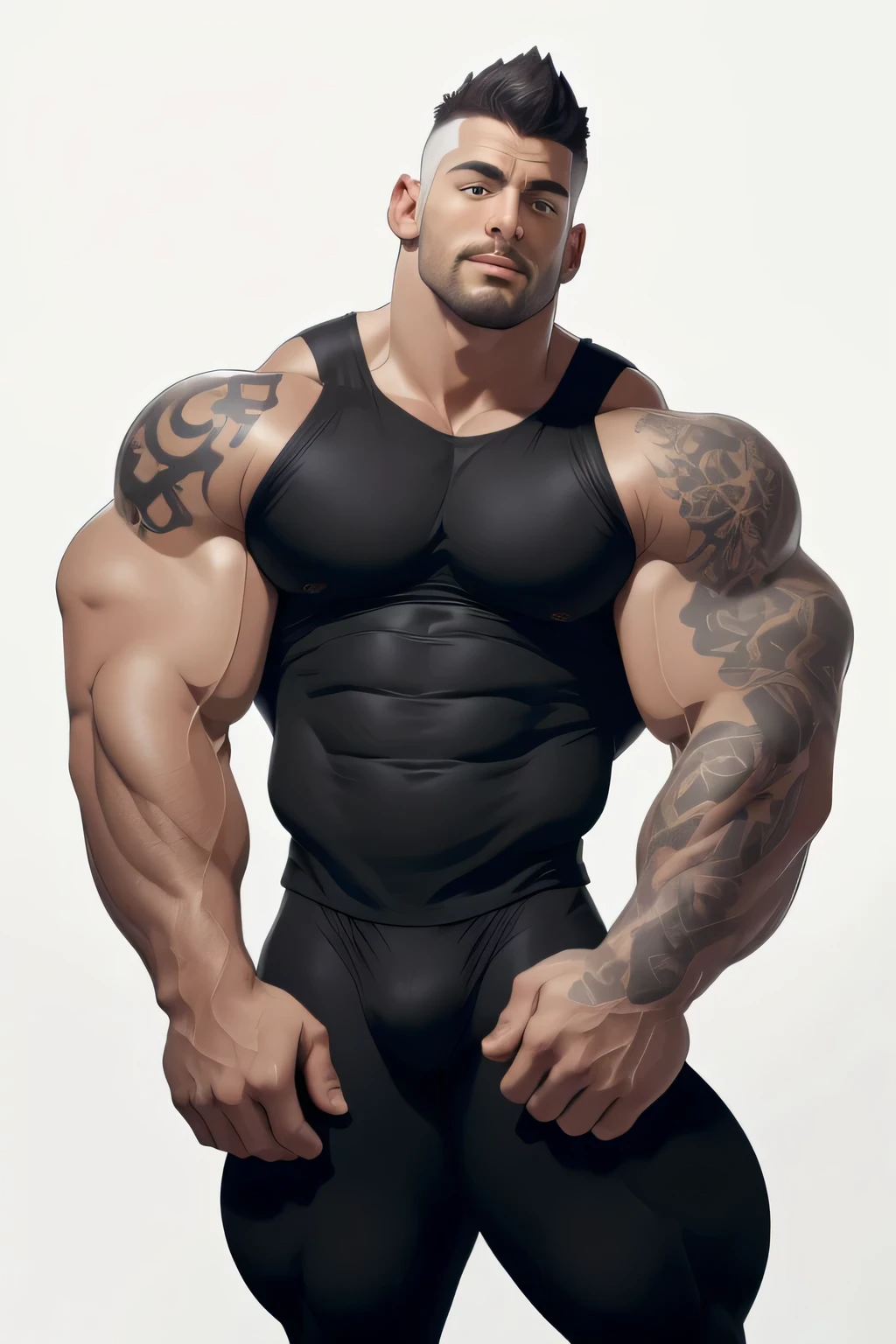 Handsome,faux haircut, clear face, clear eyes, heed looking at the side up, muscular body, muscular arms, huge pectorals, huge arms and hands, wearing dark grey tight spandex sleeveless, tattooed neck and body, Cropped feet,white background