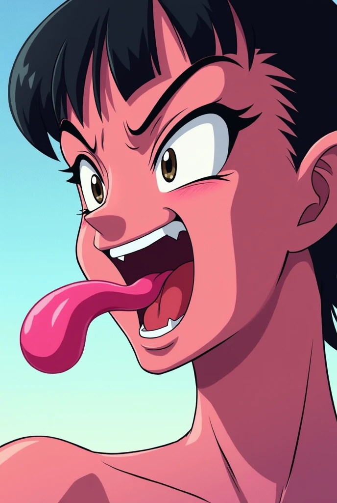 ((best quality)), ((masterpiece)) Chi chi (Dragon Ball Z Artstyle) (Cell Saga Version) opens her mouth wide showing you her uvula and super thick slimy and very meaty light pink Tongue with a sensual expression on her face (Show only her face)