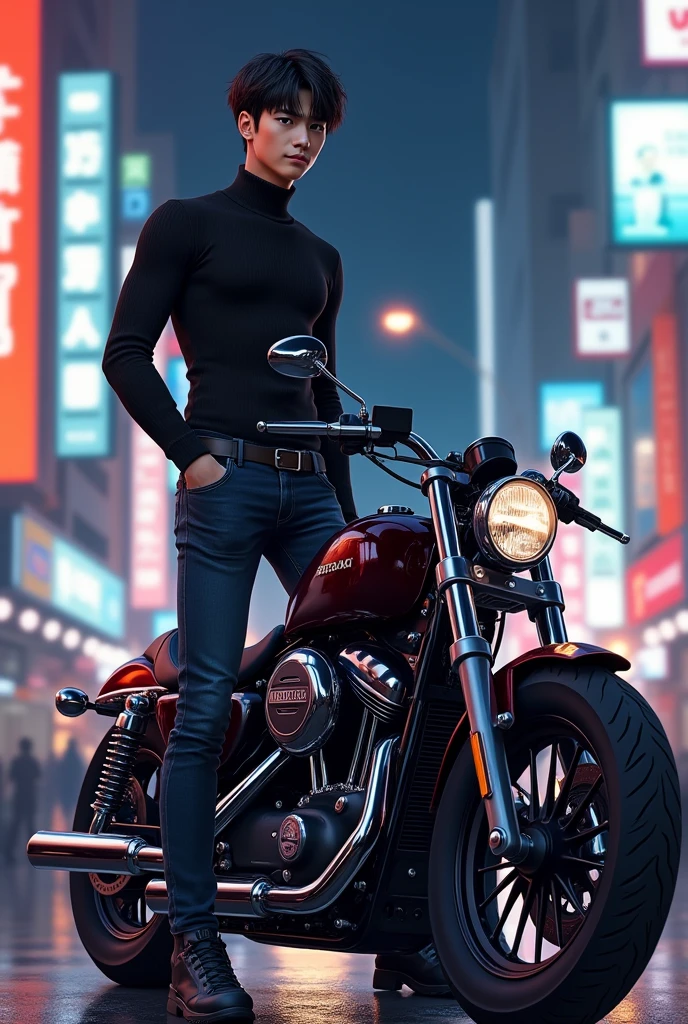 anime man
height 190
thick muscle
hair textured bowl cut
Slender eyes
korea  fashion style  clothes
no make up
long legs
turtle neck knitted
motorcycle