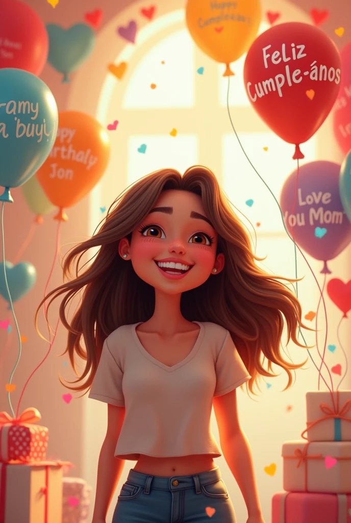  a happy animated woman. a brunette animated woman. BUT IN THE BACKGROUND PART SAY NICE DETAILS.. LIKE I LOVE YOU MOM OR HAPPY BIRTHDAY BALLOONS HEARTS.. Happy birthday. in Spanish and well-written. and in a birthday atmosphere that says.. I love you Mom Jenny. Jenny is her name